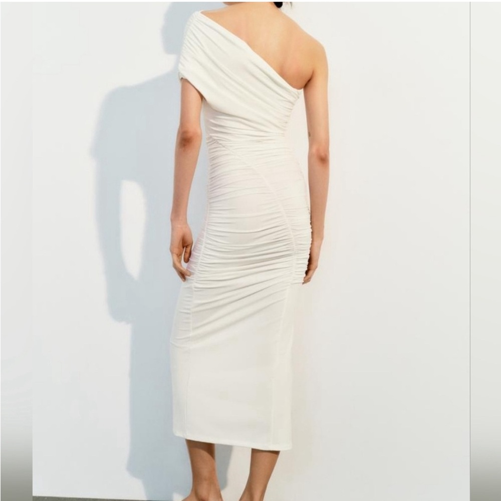 Zara White Asymmetrical Ruched Bodycon Dress